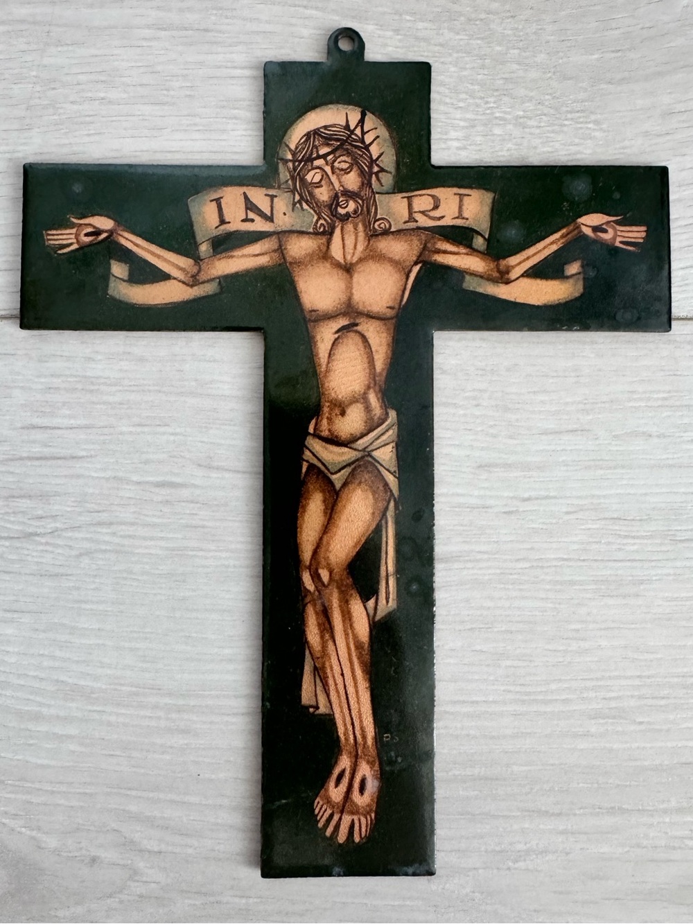 Bronze crucifix cross with enamel 'INRI Crucifix' by Wolterman